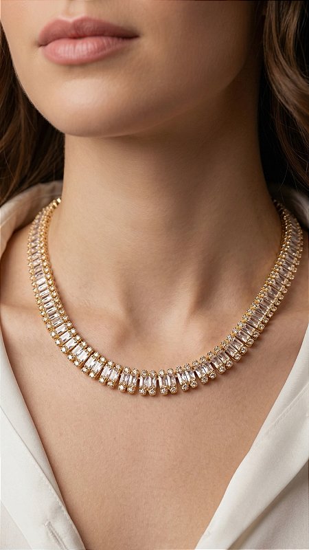 Pulseira Riviera Trabalhada Cristal Dourada