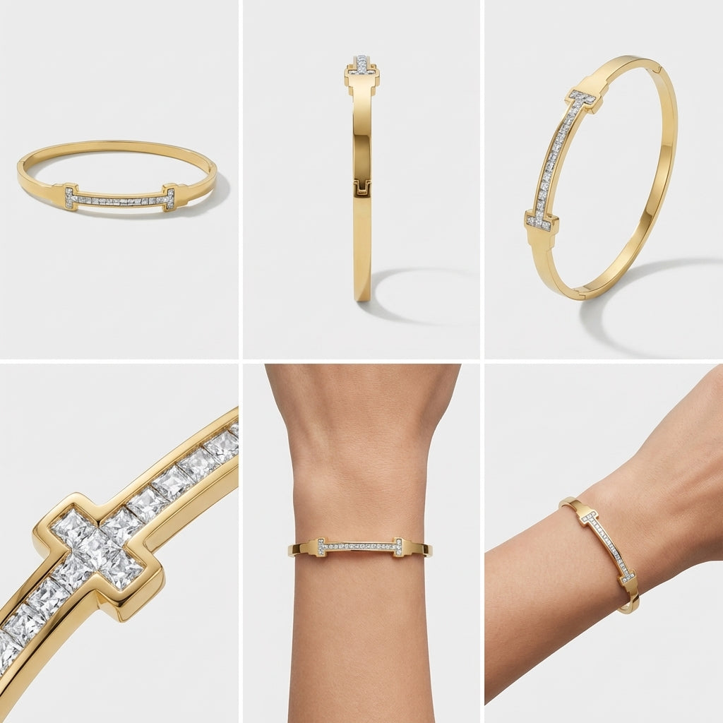 Gold T-Bar Zirconia Cuff Bracelet