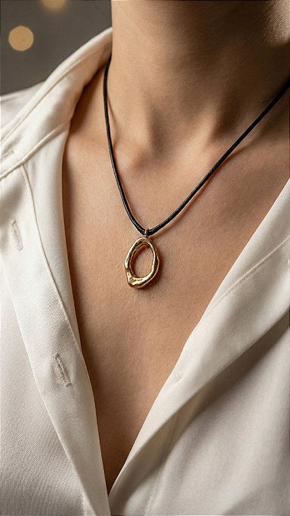 Organic Silver Pendant Black Cord Necklace