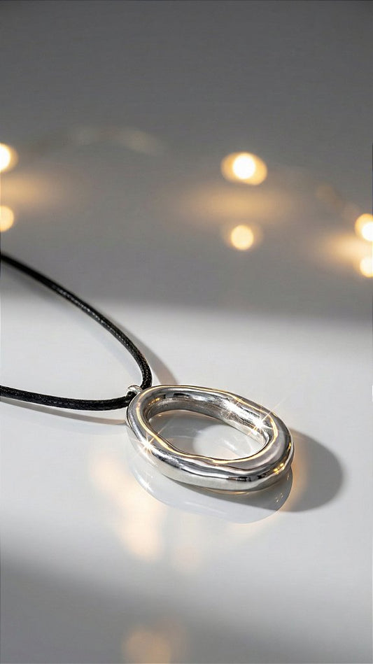 Organic Silver Pendant Black Cord Necklace