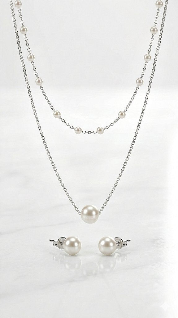 Conjunto Pérolas Duplo Prata