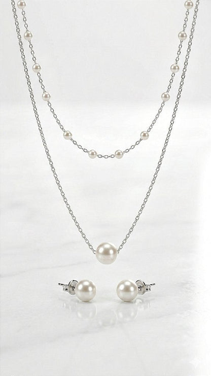 Conjunto Pérolas Duplo Prata