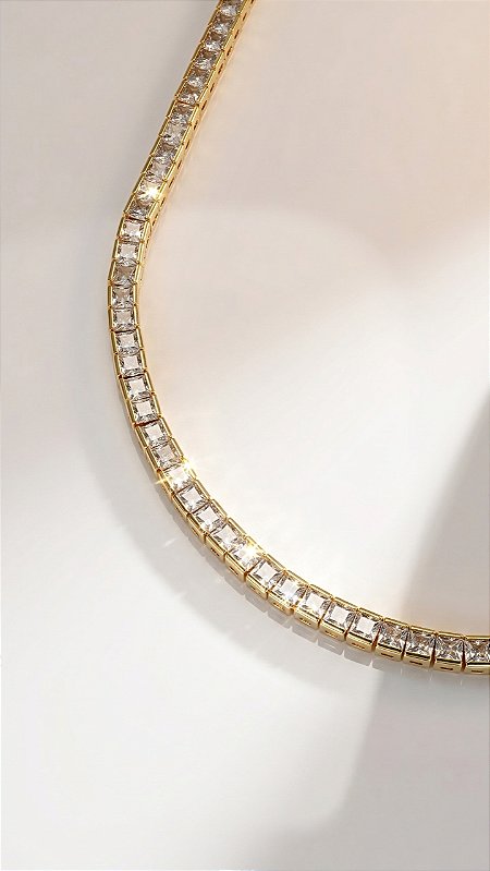 Pulseira Riviera Quadrado 4mm Zircônias Dourado Fecho Gravata