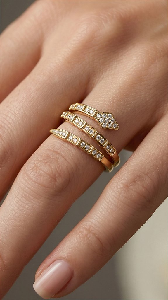 Anel Serpente BV Cravejado Zircônias Dourado Ajustável