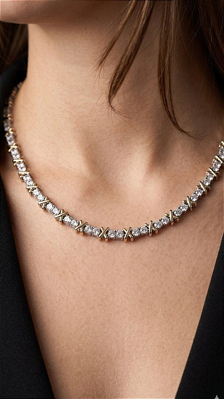 Colar Riviera Coração Pedras Zircônias Cristal Dourado