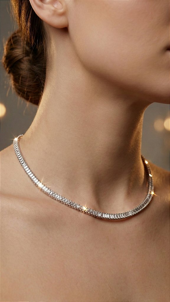 Colar Riviera Baguete 4mm Zircônia Branca Prata