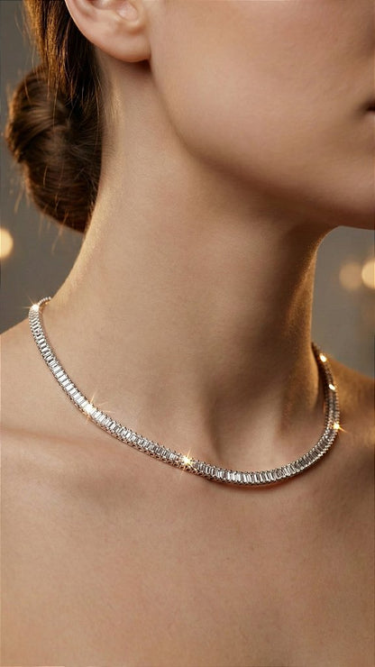 Colar Riviera Baguete 4mm Zircônia Branca Prata