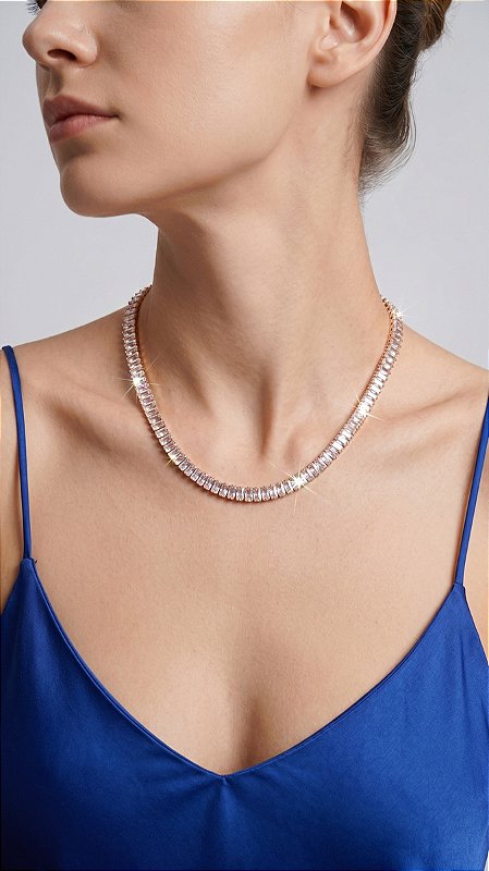 Colar Riviera Baguete 4mm Zircônia Branca Prata
