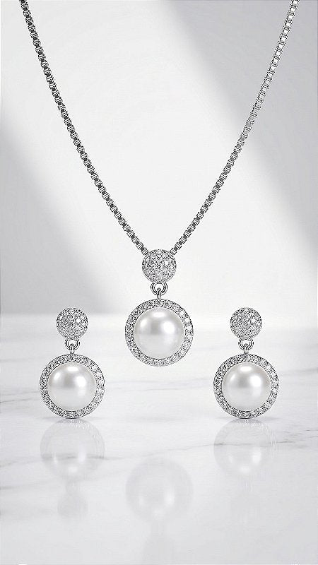 Conjunto Composê Pérola com Zircônia Dourado