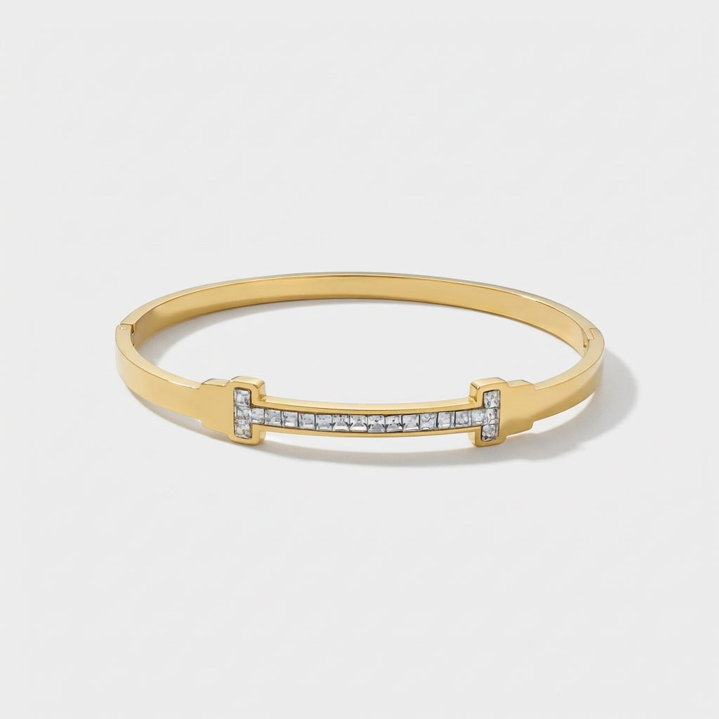 Gold T-Bar Zirconia Cuff Bracelet