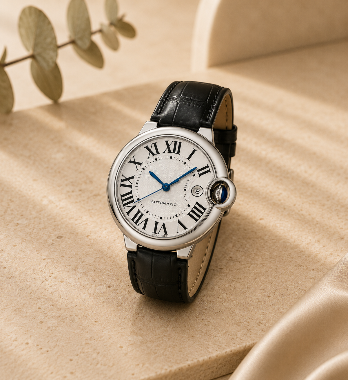 Elegant Silver Roman Leather Watch
