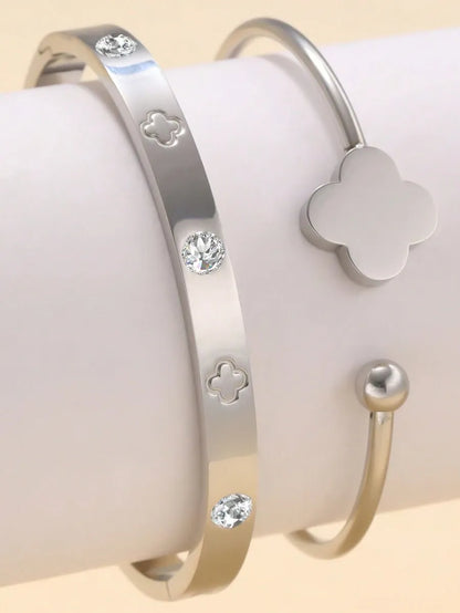 Elegant Silver Clover Bracelet Set