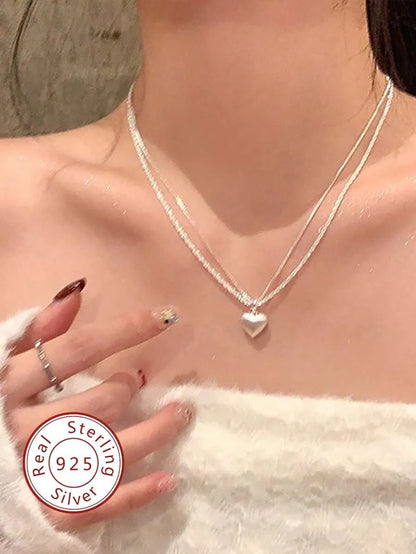 Elegant 925 Silver Heart Layered Necklace