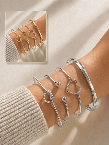 Elegant Heart Bracelet Set Gold Ribbed Bracelet