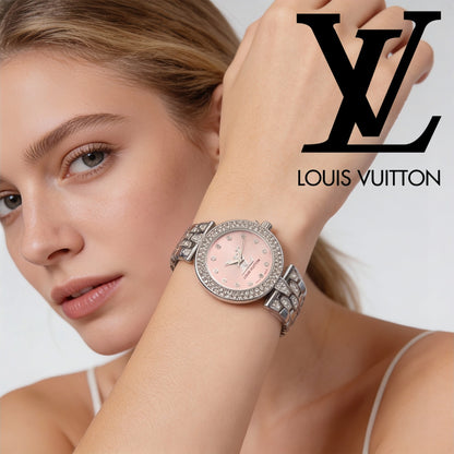 Luxury Silver Pink Crystal Watch