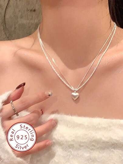 Elegant 925 Silver Heart Layered Necklace