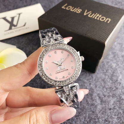 Luxury Silver Pink Crystal Watch