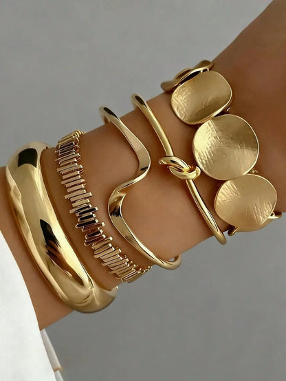 Elegant Gold Sculptural Bracelet Set -5 Pieces Set