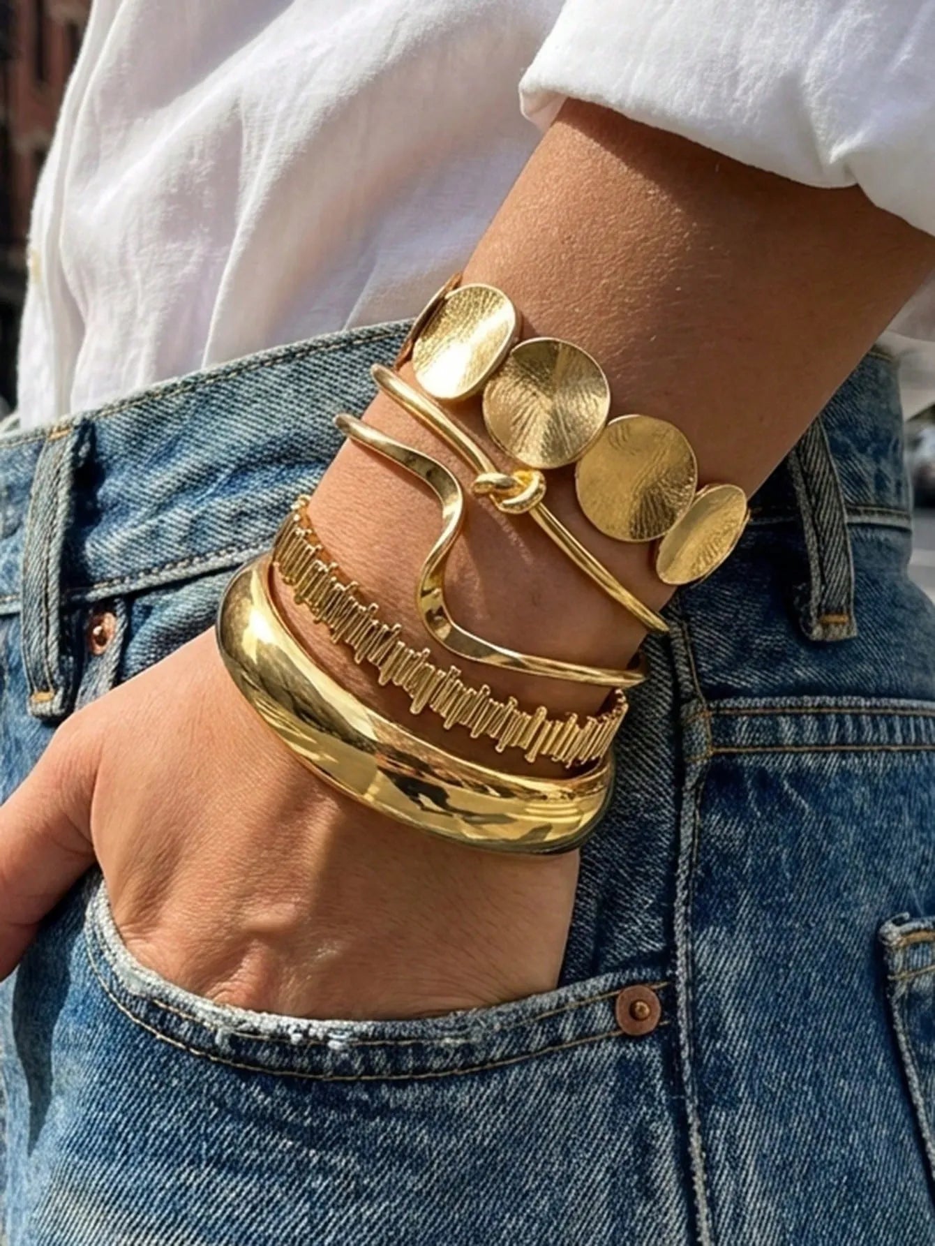 Elegant Gold Sculptural Bracelet Set -5 Pieces Set