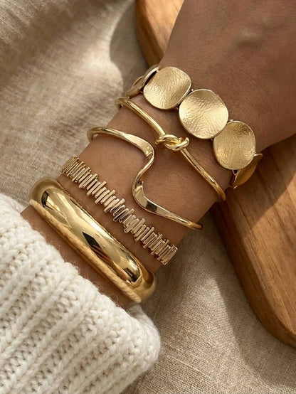 Elegant Gold Sculptural Bracelet Set -5 Pieces Set